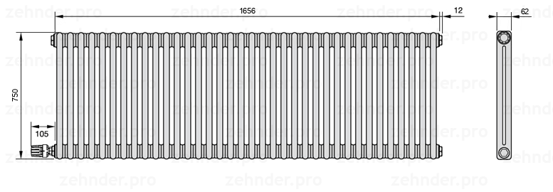 Схема (чертеж) Радиатор Zehnder Charleston 2075/36 №V004 Белый глянцевый RAL 9016